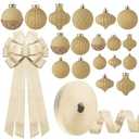 Motionchic 20 Pcs Velvet Christmas Ornaments Set Champagne Flocked Ball Hanging Shatterproof Ornaments Velvet Large Tree Topper Ribbon Bow Xmas Flocked Ribbon for Xmas Tree Home Decorations