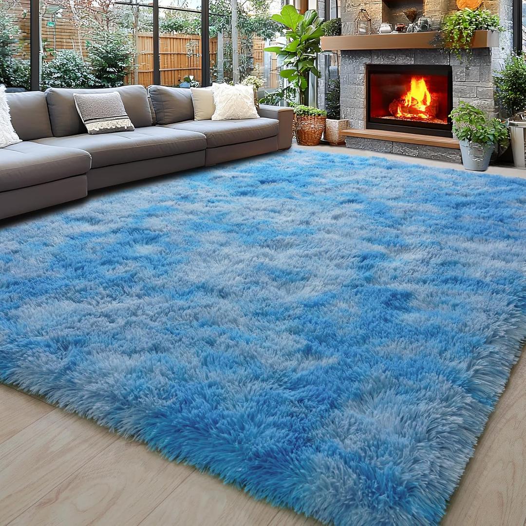 Area Rugs 9x12 Living Room, Ultra Soft Shaggy Fluffy Rug for Bedroom, Upgrade NonSlip Fuzzy High Pile Plush Large Rugs for Nursery Boys Girls Kids Room Modern Indoor Home Decor, TieDyed Blue Grey
