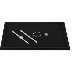 Velvet Ring Earrings Bracelet Necklace Display Tray, Gold Bangle Pendant Jewelry Storage Tray, Shop Counter Table Top Holder Plate, Microfiber Versatile Jewelry Organizer Tray (Black, Large)