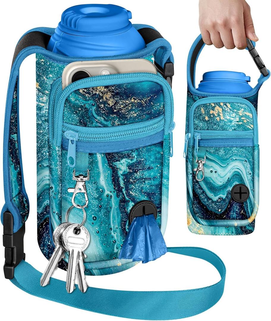 Toykee Portable Dog Water Bottle Carrier Bag for PupFlask 27oz - Travel Bottle Purse with Phone Pocket Strap, Pet Water Bottle Holder Cover Sling for Easy Walking Hiking (No Water Bottle) (Blue Marble)