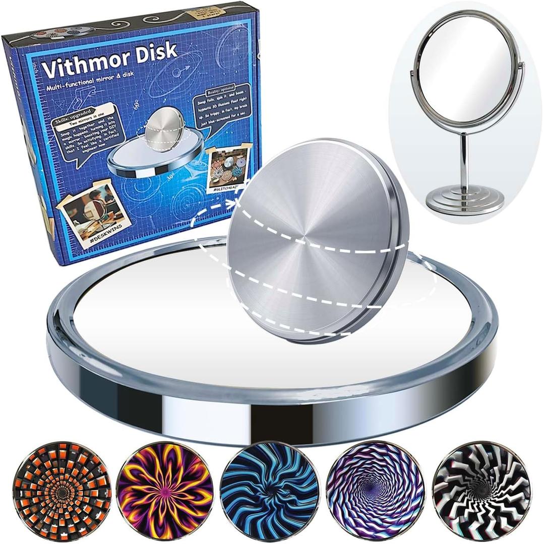 2-in-1 Disk Spin Science & Vanity Makeup Mirror - Create Optical Illusion Spin & Desk Mirror  Spin Kinetic Desk Toys for Home, Office, Education - Physics Toys for Adults & Kids 8+
