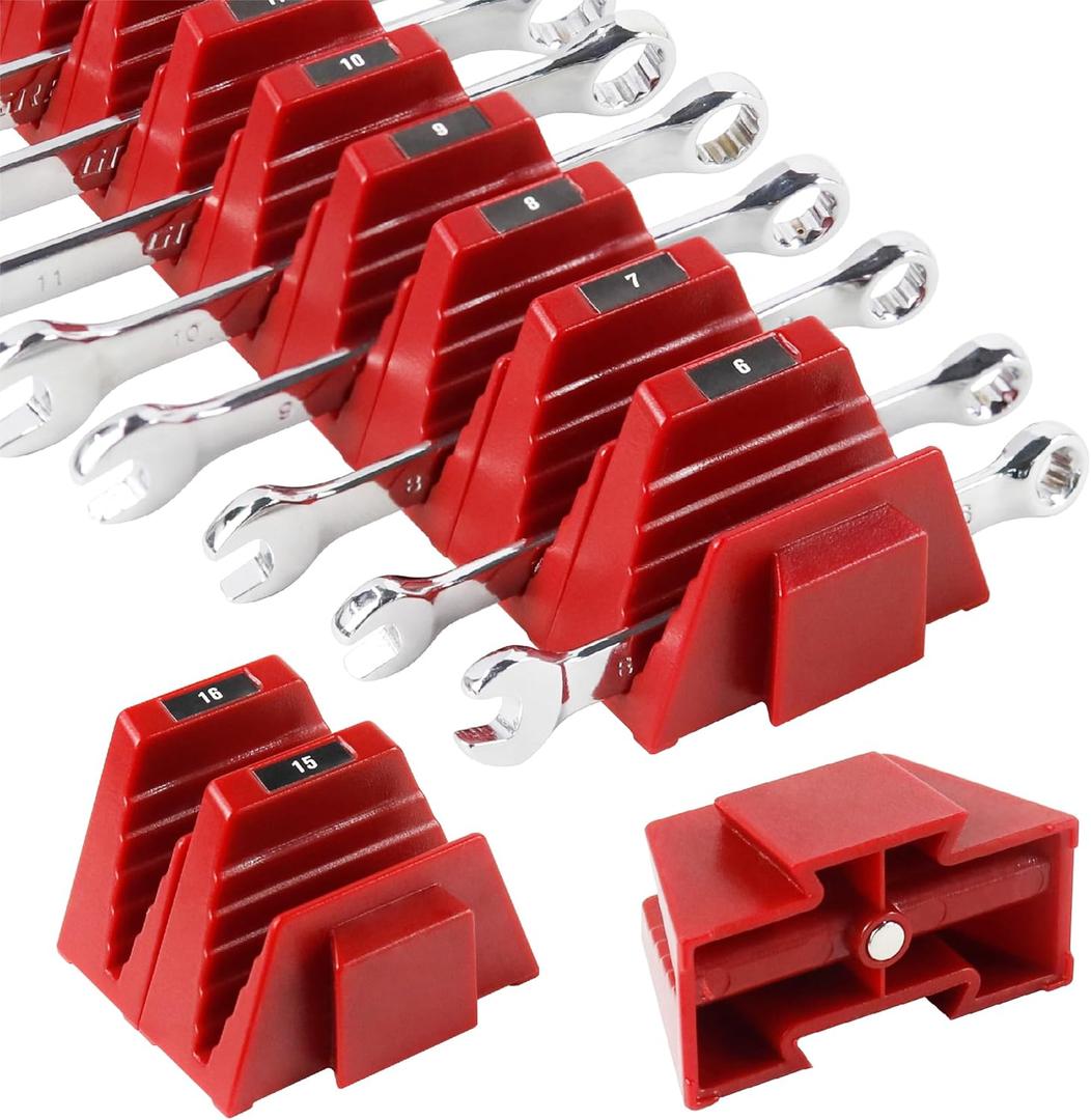 48 PCS Magnetic Modular Wrench Organizers for Tool Drawers- Customizable Wrench Rack with Metric & SAE Labels, Tool Storage Holder - Gift for Professional Mechanics Men-Red