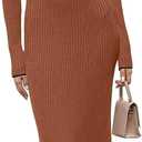 MEROKEETY Womens Long Sleeve V Neck Sweater Dress 2026 Button Ribbed Knit Elegant Maxi Winter Dresses, Caramel, Small