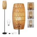 Floor Lamp for Living Room,Farmhouse Floor lamp,Modern Standing lamp with Hand-Worked Rattan Shade (Drum Rattan Shade Black Body Color-3 Color Bulb)
