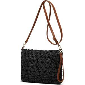 Straw Beach Bags For Women Rattan Purses Summer Straw Handwoven Bag Raffia Handbag Shoulder Bag Cross-body Square Bag (Black2)
