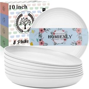 Homienly Deep Dinner Plates, Wheat Straw Plates 10 inch Set of 8, Unbreakable Plates for Kitchen, Kids, Lightweight Microwave and Dishwasher Safe Camping Plate Set for Salad, Dinner, Fruit - White