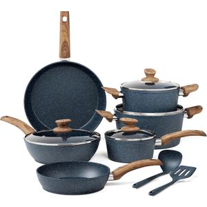 Kitchen Academy Pots and Pans Set Non Stick - 12 Piece Induction Kitchen Cookware Sets, Blue Granite Nonstick Cooking Pans Set