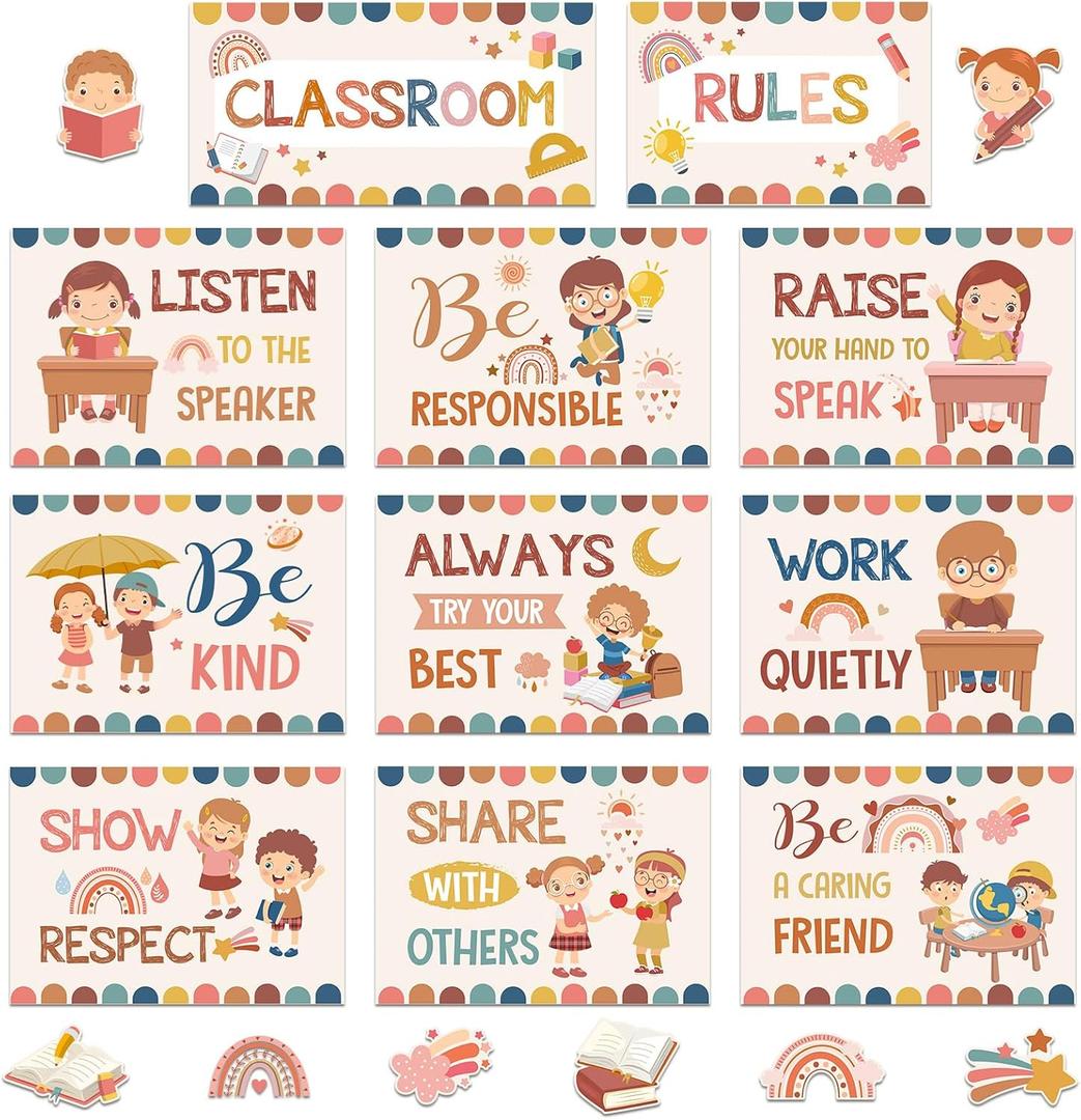 Harloon 43 Pcs Classroom Rules Posters Boho Class Rules Bulletin Board Motivational Educational Behavior Wall Decor Classroom Good Habits Banner for Student Back to School Party Wall Decor Supplies