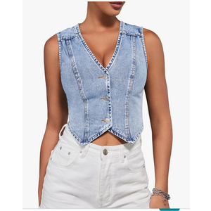 SHENHE Women's Denim Vest Button Down Sleeveless Jean Vest Top Y2K Cropped Denim Jacket Country Fashion Western Clothes S