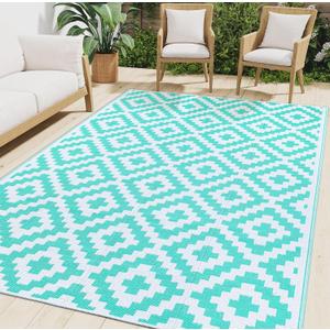 Smiry Waterproof Outdoor Rug 8x10 ft, Reversible Plastic Straw Patio Camping Rugs, Outdoor Indoor RV Mat Carpet for Patio, Outside Entry, Backyard, Deck, Bench, Picnic, Camper, White & Teal