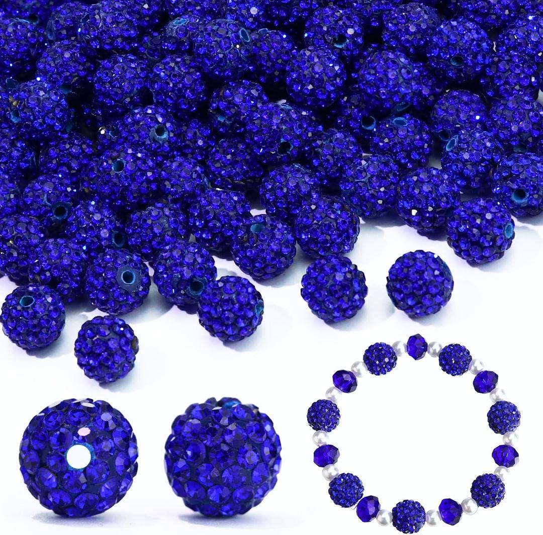 110PCS 10MM Rhinestone Beads for Jewelry Making, Round Rhinestone Clay Beads for Baseball Necklace Bracelet Craft Polymer Shamballa Disco Ball Diamond Pen Bead, Dark/Royal Blue