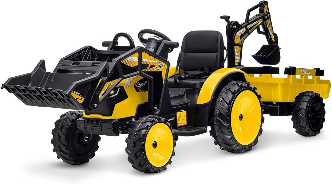 3 in 1 Remote Control Excavator, Ride On Tractor, 24V Vehicle w/Trailer, Shovel Bucket, Digger, Remote Control, EVA Tires, LED Light, Music, USB & Bluetooth, Kids Ride On Car, Yellow