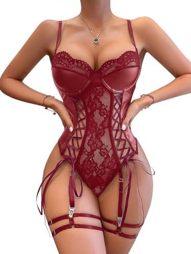 Lilosy Sexy Lace Up Floral Garter Underwire Teddy Bodysuit Lingerie Belt Women Top One Piece M