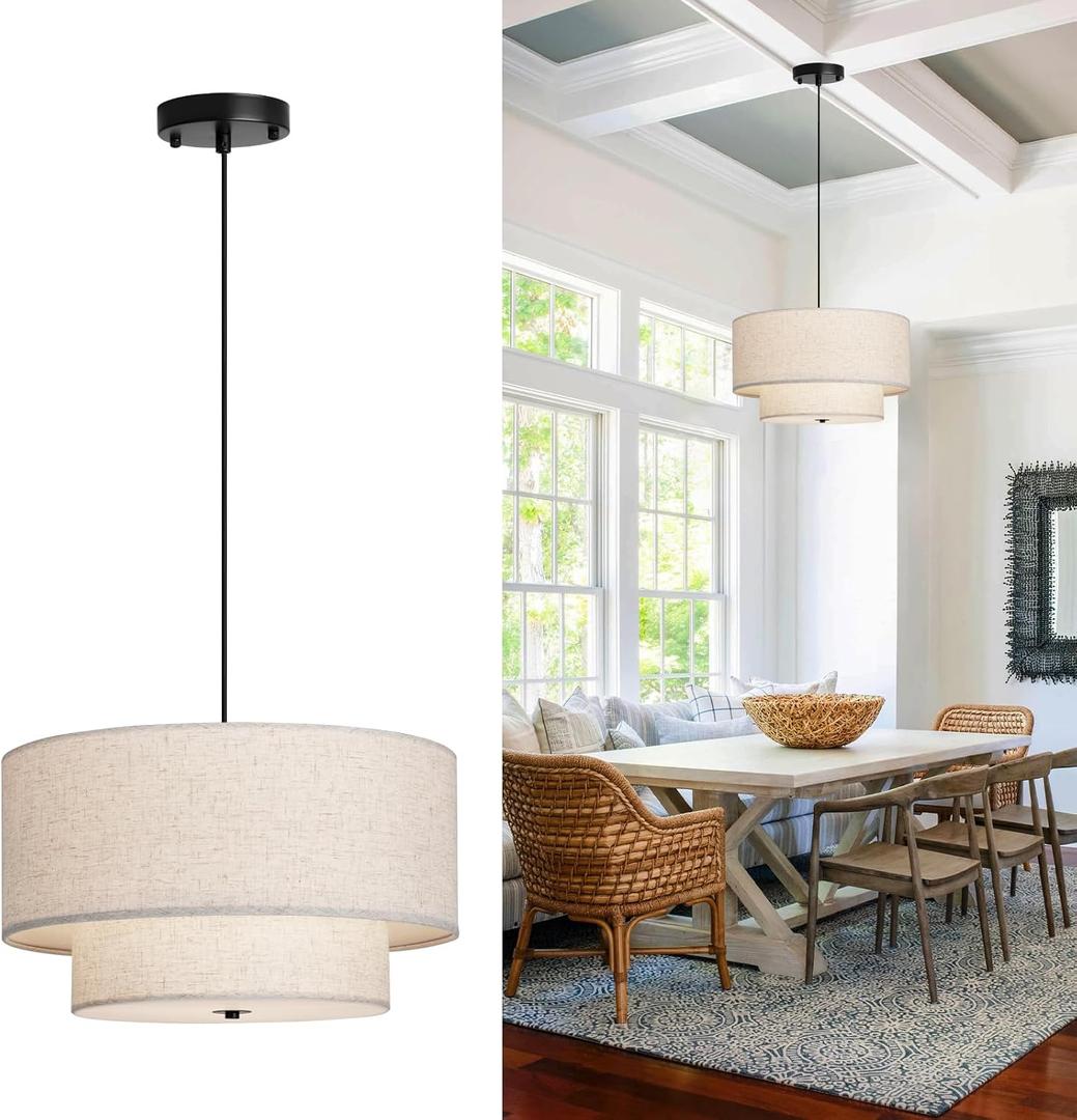 18" Modern Double Drum Fabric Pendant Light, Large Hanging Ceiling Chandelier Fixture with Dual Layer Fabric Shade, Ideal for Dining Room, Living Room, Bedroom, and Kitchen