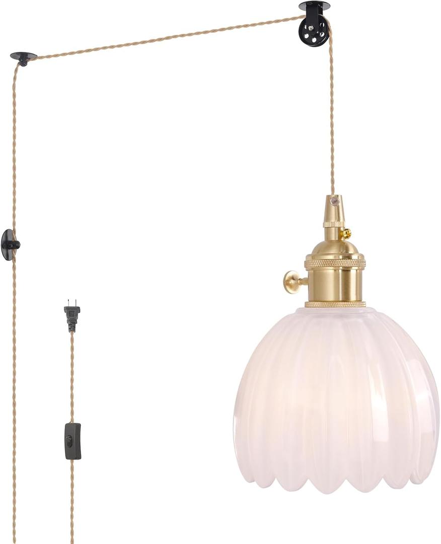 Mini Plug in Pendant Light Hanging Light Fixture Corded On/Off Switch Brass Pendant Light with White Tulip Glass Lampshade for Bedroom Living Room Kitchen Island (Plugin 1 pack)