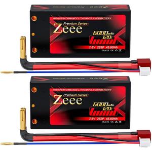 Zeee Premium Series 2S Shorty Lipo Battery 6000mAh 7.6V 120C Hard Case with 4mm Bullet to T Connector High Voltage Battery for RC 1/10 Scale Vehicles Car Trucks Boats RC Models (2 Pack)