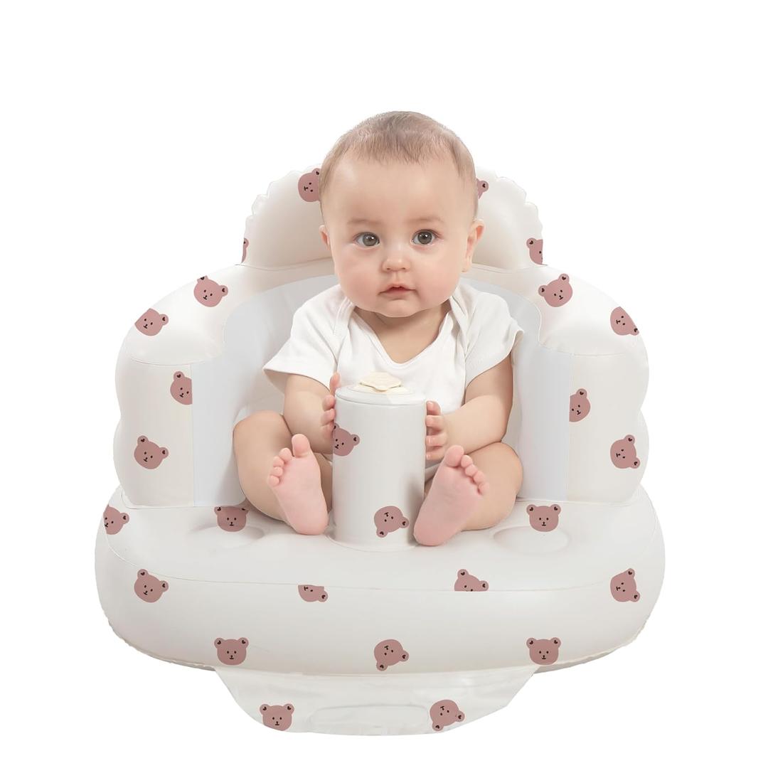 Inflatable Baby Seat for Babies 3-36 Months, Built in Air Pump Baby Chair Sit Me up Floor Seat for Baby, Bumbo Seat for Learning to Sit, Feeding, Camping (Bear)
