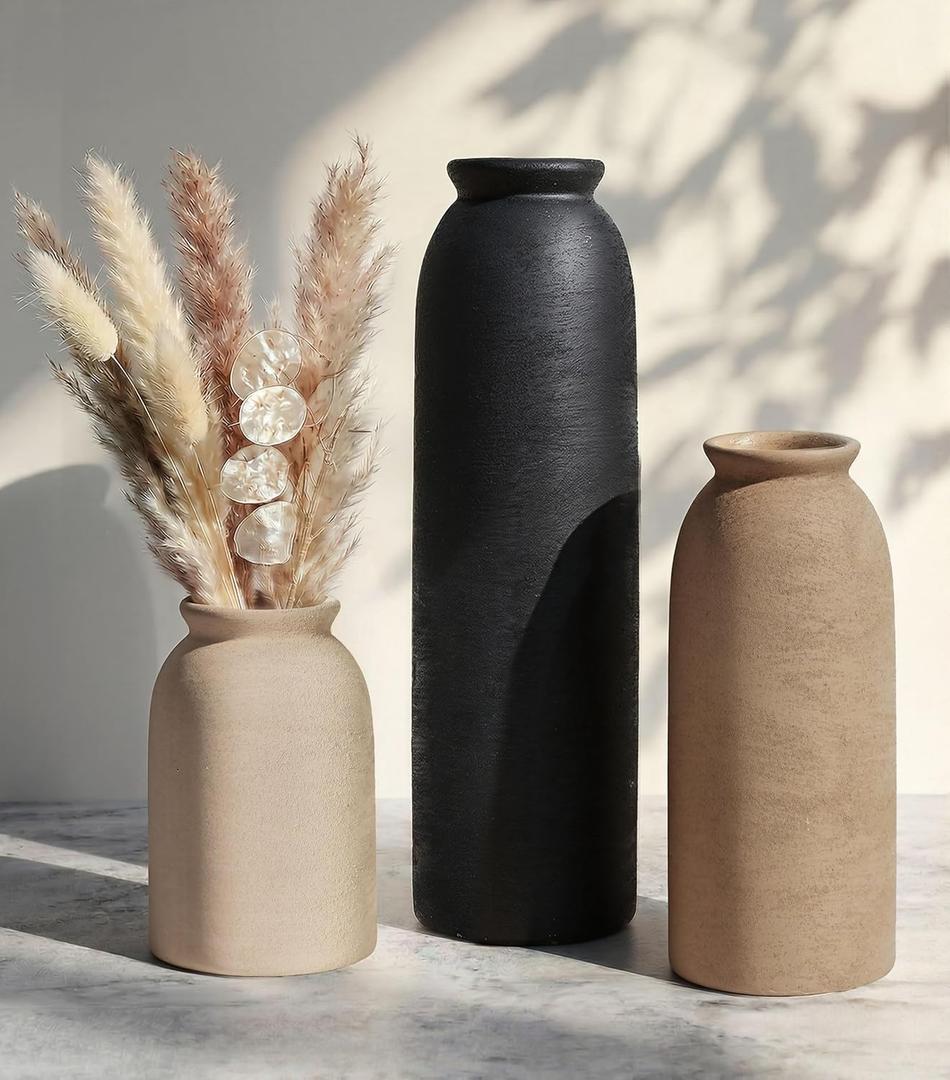 Ceramic Vase Set of 3, Small Flower Rustic Vase Home Decor Neutral Modern Farmhouse Boho Pampas Pottery Vases Decorative Centerpiece for Table Mantel Shelf Living Room Kitchen Bathroom