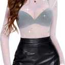 Avidlove Mesh Top Women Rhinestone Sheer Tops for Women Long Sleeve See Through Shirt Mock Neck Tee Blouses XS (White)