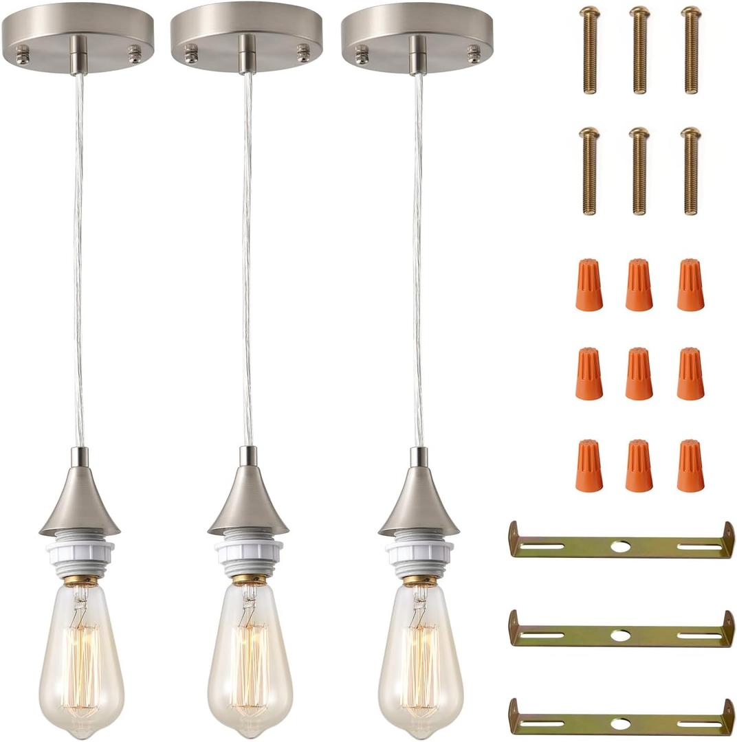 Vintage Brushed Nickel Pendant Light Kit,E26 Lamp Socket DIY Pendant Light Cord,Adjustable Hanging Light Fixtures for Kitchen,3Pack