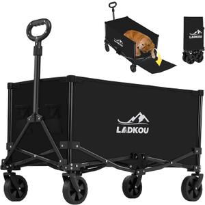 Collapsible Foldable Wagon, Heavy Duty Beach Cart with 140L Capacity and 220LBS Load, Portable Utility Grocery Wagon for Outdoor Camping Garden, Black