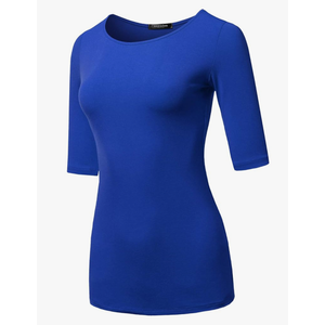 SSOULM Women's Basic Stretchy 1/2 Sleeve Crewneck Slim Fit T-Shirt Top with Plus Size Large, Blue