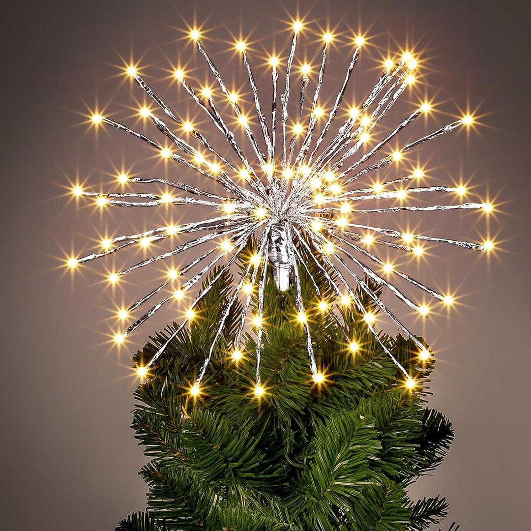 Glooglitter Twinkling Starburst Christmas Tree Star Topper Fairy Light 20 of 120 LED Lights Twinkle with Hook Hanging for Home Winter Party Christmas Tree DIY Decor for Garden Yard Patio Path Silver