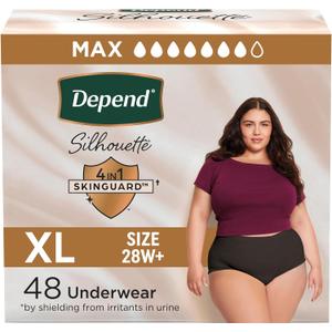 Depend Silhouette Adult Diapers, Incontinence & Postpartum Bladder Leak Underwear for Women, Maximum Absorbency, Extra Large, Black, 48 Count (2 Packs of 24)