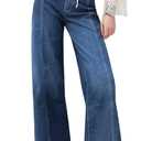 Womens Wide Leg Jeans Mid High Waisted Baggy Straight Leg Stretchy Denim Pants Seamed Long Trousers (Blue)