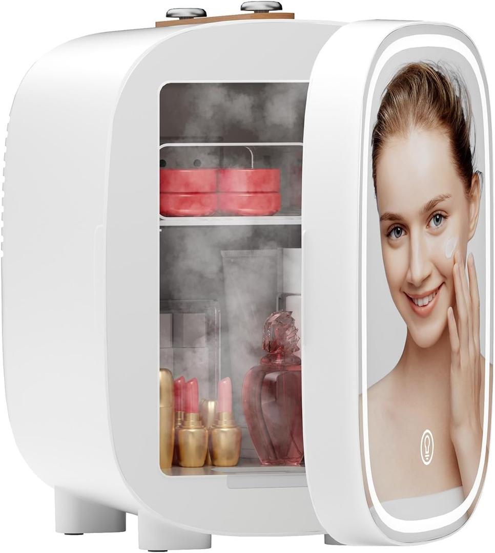 DF01A Skincare Fridge, With 3-Level Dimmable LED Light Mirror, Low Noise 4L Makeup Fridge for Skincare, Cooler & Warmer, Portable Design for Multiple Uses - Bedroom, Office, and Car