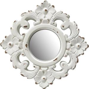 Handcarved Floral Wall Mirror Decoration, 11.8-inch Worn-Out White Country Wood Mirror, Used for Room Decoration, Home Decoration, Bedroom, Living Room, Bathroom, Kitchen