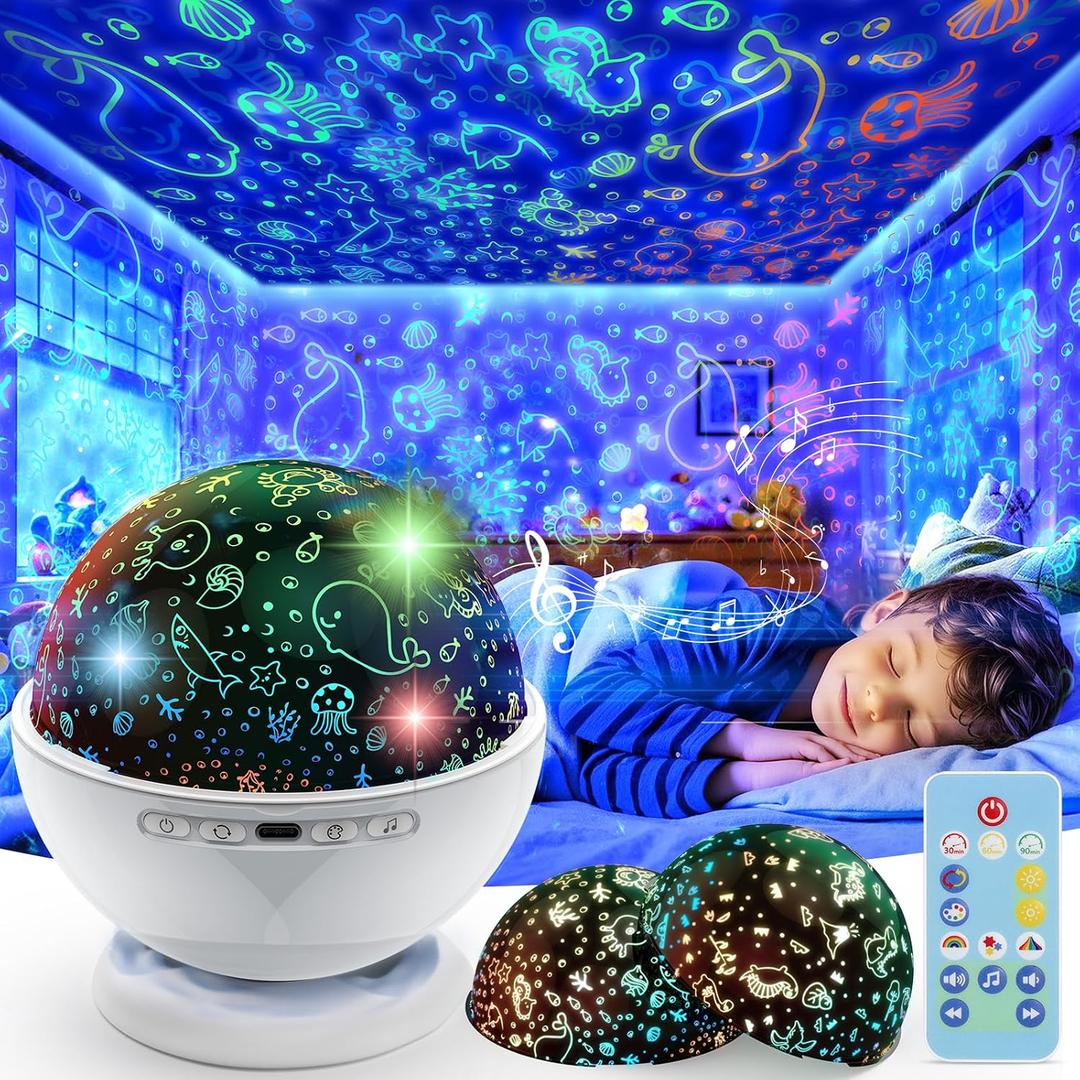 Night Light Projector,Night Light for Kids Room with Remote and Timer,360 Rotation,3 Projection Films,18 Light Modes,8 Lullaby Songs,Kids Night Lamp, Christmas Birthday Gifts for Boys Girls (white)