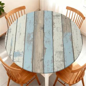 Elastic Tablecloth for Round Tables, Waterproof Tablecover for Up to 45"-48" Round Table, Dining Tablecover for Indoor and Outdoor, Holiday, Wood