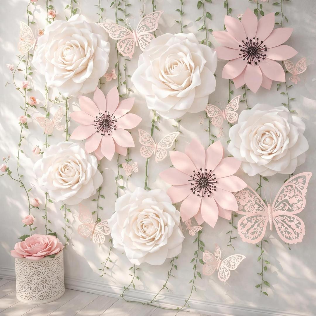 Marspark 27 Pcs Large Pink and White Paper Flowers Backdrop Decorations for Wall Giant DIY Artificial 3D Flower Decor with Butterfly Rattan Spring Tea Party Bulletin Board for Holiday Wedding