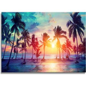 DZL Art S75569 Canvas Wall Art Palm Trees Silhouettes On Tropical Beach At Sunset Beach Seascape Painting Nature Pictures for Living Room Home Office Wall Decor Artwork, 36"L x 24"W