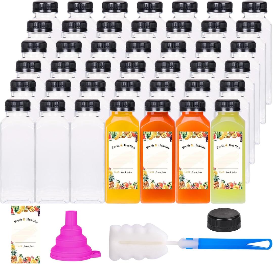 Moretoes Set of 64 12oz Plastic Juice Bottles with Caps, Reusable Juicing Bottles, Clear Drink Containers with Lids for Smoothie, Drinking and Beverages