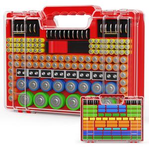 Battery Organizer Storage Holder Box Case with Tester, Stores & Protects Up to 260 Batteries, Double-Sided, Clear Locking Lid, Secure Latches & Portable Carrying Handle - Red (Batteries Not Included)