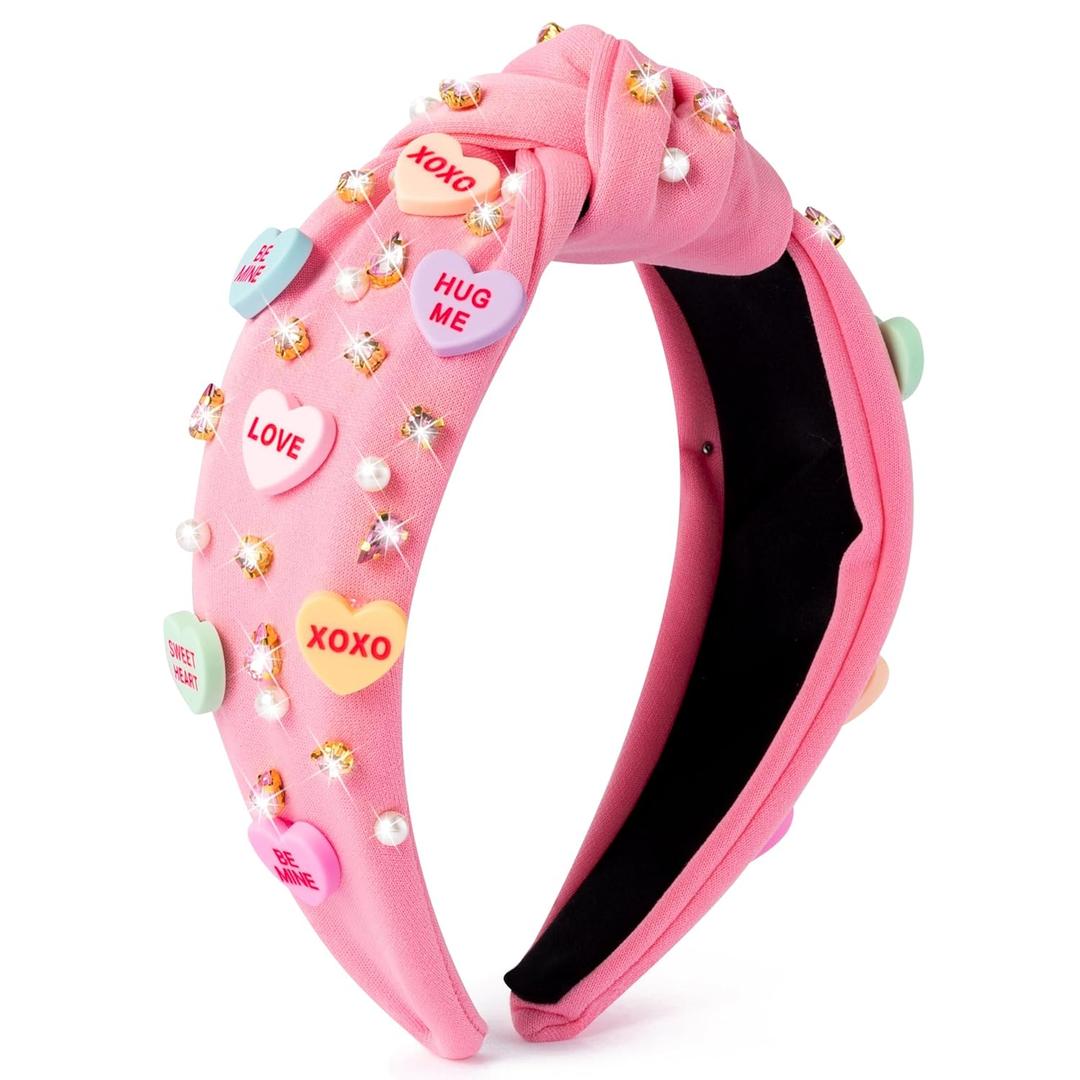 Y1tvei Valentine's Day Conversation Heart Headband - Pink XOXO Conversation Heart Love Crystal Rhinestone Headband, Fashion Wide Top Knot Head Band Trendy Hair Accessories Gifts for Girlfriend Wife