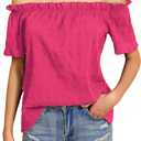 MakeMeChic Women's Summer Off Shoulder Tops Ruffle Short Sleeve Dressy Casual Blouse Top (Pink, M)