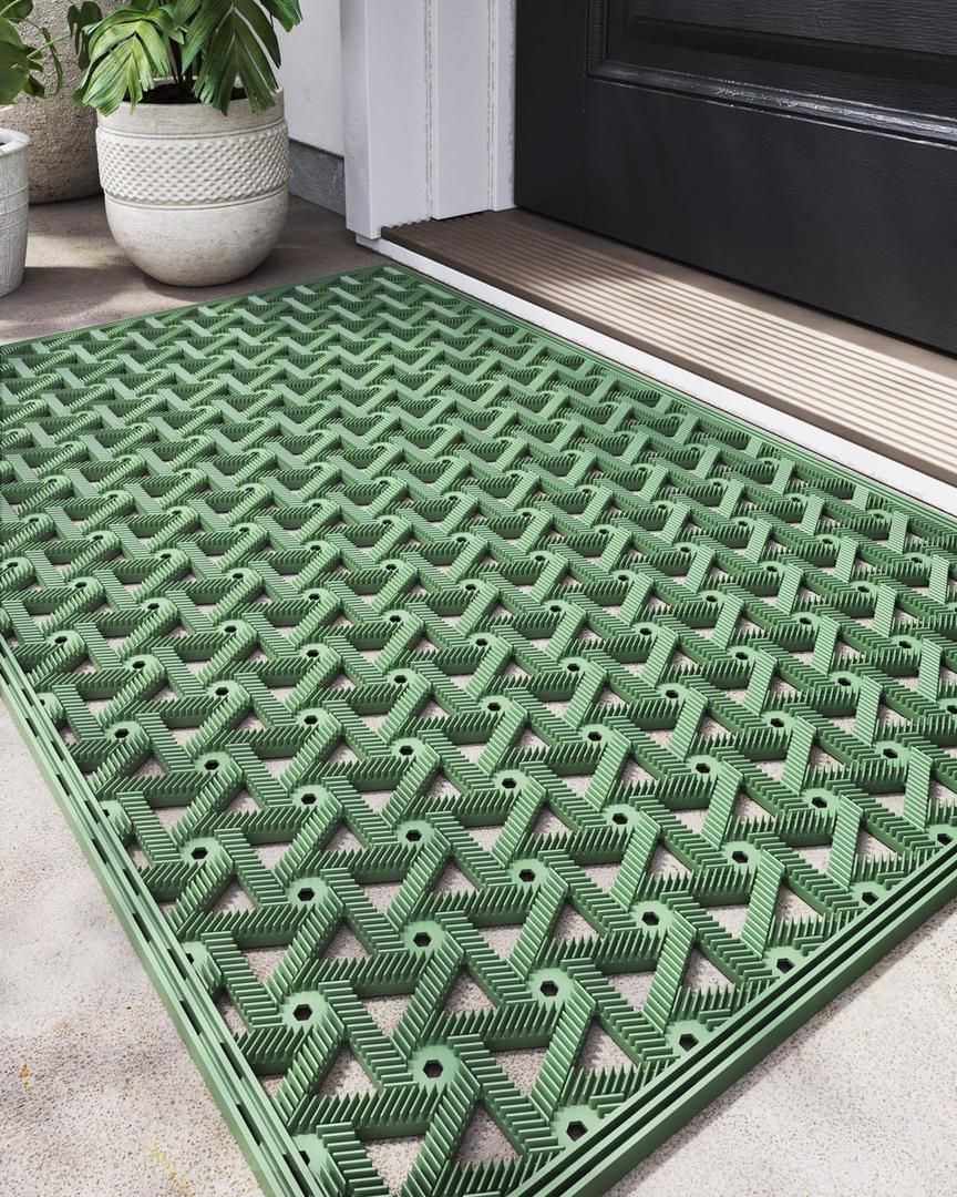 DEXI Front Door Mat Outside Entrance, 19x30 Welcome Rubber Doormat Waterproof, Drainage Heavy Duty Entry Mats with Non Slip Backing, Low Profile Dirt Trapper for Patio Entryway, Green