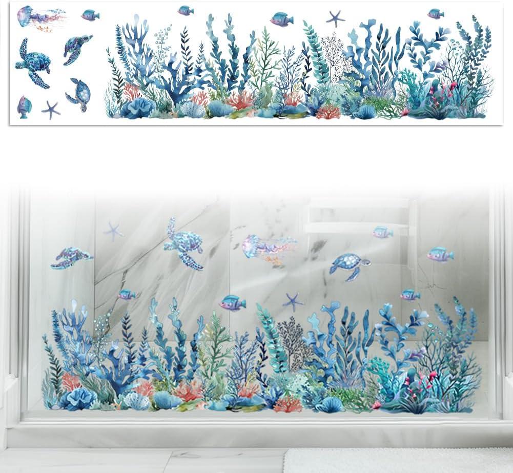 Peacoblue Window Static Cling Decal Sticker Double-Sided for Large Glass Car Windows, 1 Sheet Coral and Fish 47.2"x11.8" Waterproof Removable Window Decal for Home Office Classroom Decoration