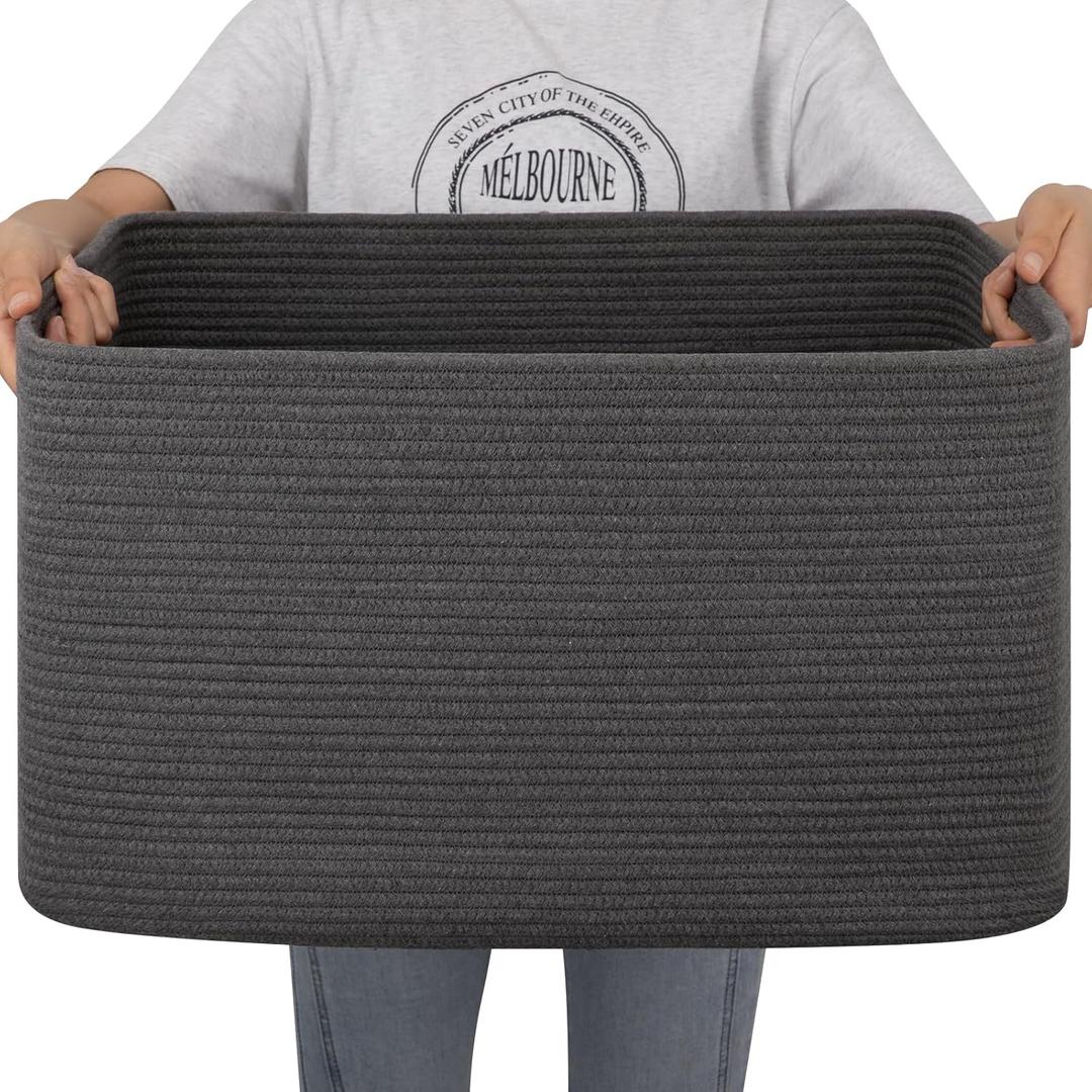 OIAHOMY Large Blanket Basket, Storage Basket with Handle, Blanket Basket for Living Room, Rectangle Woven Cotton Rope Basket for Bedroom, Toy Baskets Organizer Bins, 22" x 17" x 12" in, Dark Grey