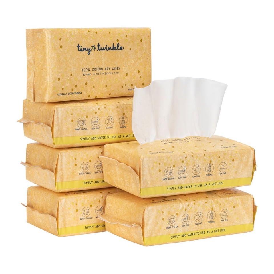 Tiny Twinkle 100% Cotton Dry Wipes for Baby | 480 Count | Use Wet or Dry | Scent Free (Fragrance-Free), Hypoallergenic & Chemical-Free | Ultra Soft, Strong & Gentle for Sensitive Skin