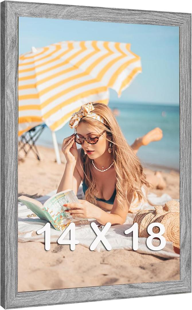14x18 Wood Frame Gray, Rustic Natural Grey Wooden 18x14in Poster Picture Frame, Distressed 14 x 18inch Woodgrain Gallery Photo Frame with HD Plexiglass, Horizontal Vertical Wall Mounting Display 1pcs