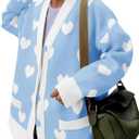 Saodimallsu Womens Oversized Heart Cardigan Color Block V Neck Button Long Sleeve Chunky Valentines Sweaters (Blue, L)