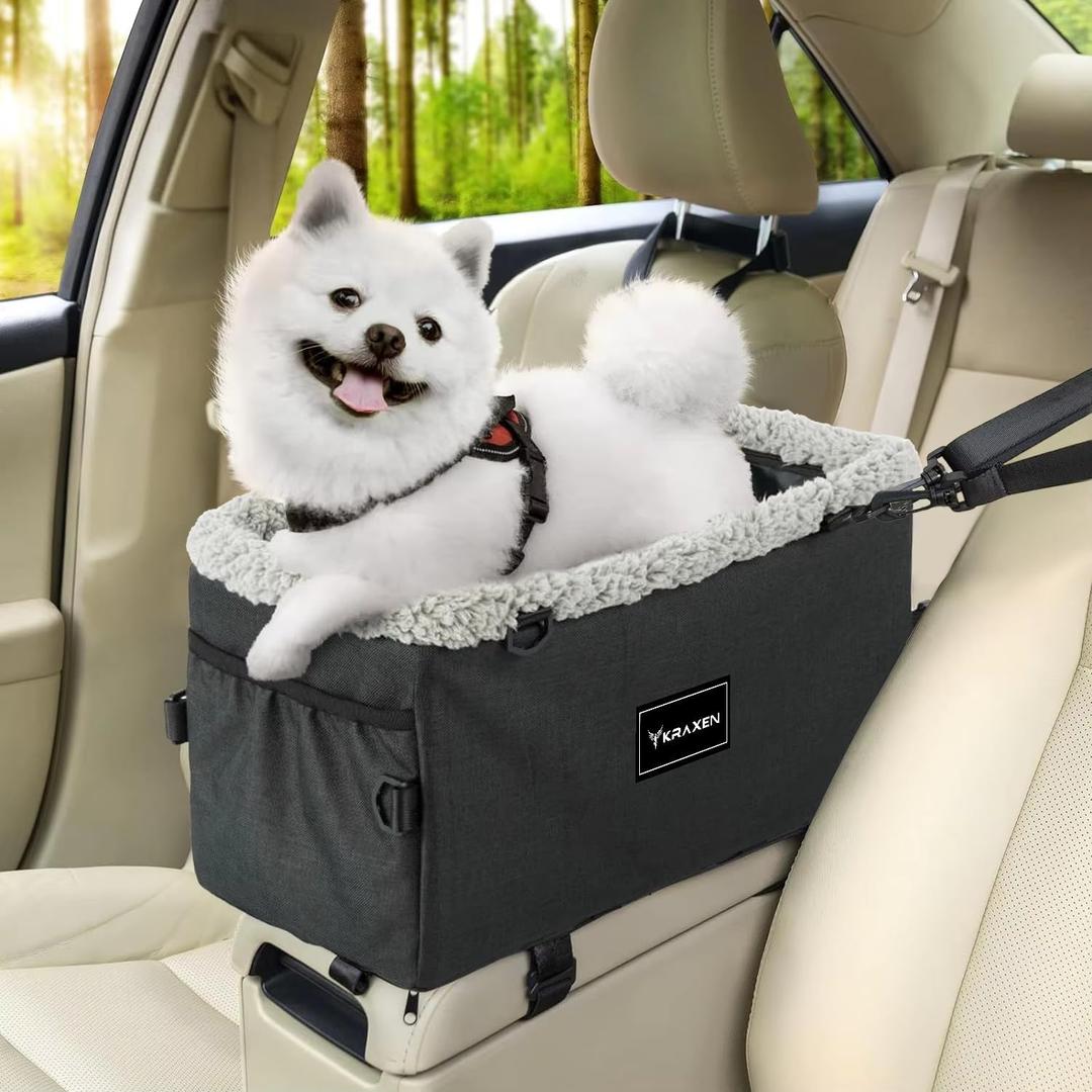 Center Console Dog Car Seat Pet Booster Car Seat Under 20lbs - Portable Pet Seat with Double Protection Seat Belts, Washable Fluffy Cushion Seat and Storage Pocket