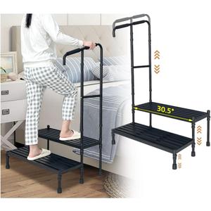 Bed Step Stool with Handle, Medical Bedside Stairs for High Beds Adults, Stepping Stool with Assist Rail Adjustable, Wide Platform Step for Elderly Seniors Handicap Mobility Two Step Stool