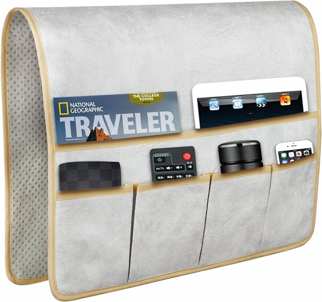 HAOMAIJIA Anti Slip Sofa Armrest Organizer Arm Chair Bedside Caddy Storage Organizer For Recliner Couch With 6 Pockets For Cell Phone Tv Remote Control Magazines (light grey) (35 inches  19.3 inches)