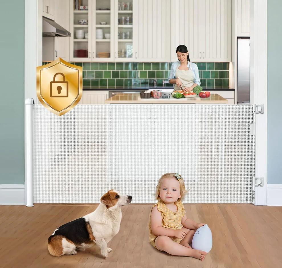 Retractable Baby Gate No Drill,  Extra Wide Retractable Baby Gates for Doorways No Drilling, 8ft No Drill Dog Gate Mesh Dog Gates for Doorways Extra Wide Pet Gate Indoor No Drilling, White,Size 55" * 33"