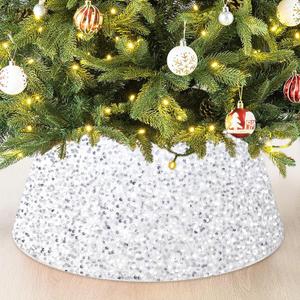 FANPROMS White Sequin Christmas Tree Collar 28 Inch Round Velvet Xmas Trees Skirts Sparkling Paillette Tree Ring Shiny Glitter Skirt Cover Farmhouse Decoration for Christmas New Year Holiday Party